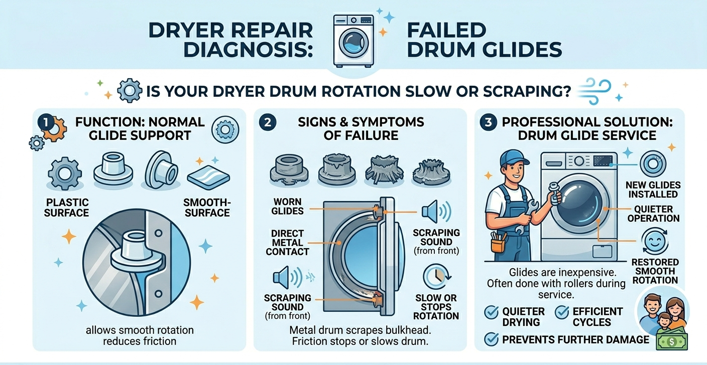 Dryer drum not turning? Learn the top causes of dryers that stop spinning and how DMV Appliance Care's technicians diagnose and fix the problem fast.
